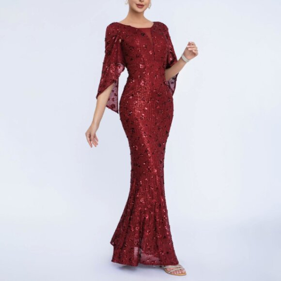 Handwork Dresses & Skirts - New Burgundy Sequin Mermaid Gown Flutter Sleeve Formal Evening Dress